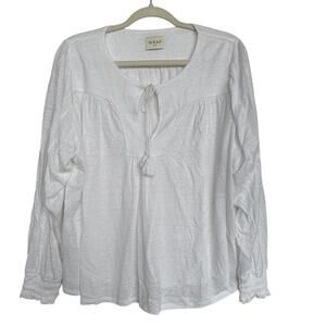 Wrap London 100% Linen Peasant Long Sleeve Tassel Tie Balloon Sleeve Blouse